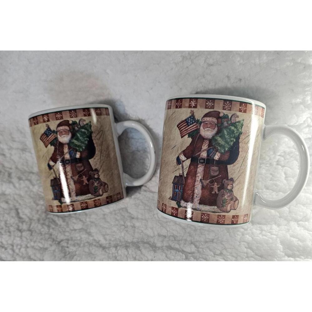 (Set of 2) Country Santa Collection Susan Winget Mug USA Flag Christmas 4'' Tall